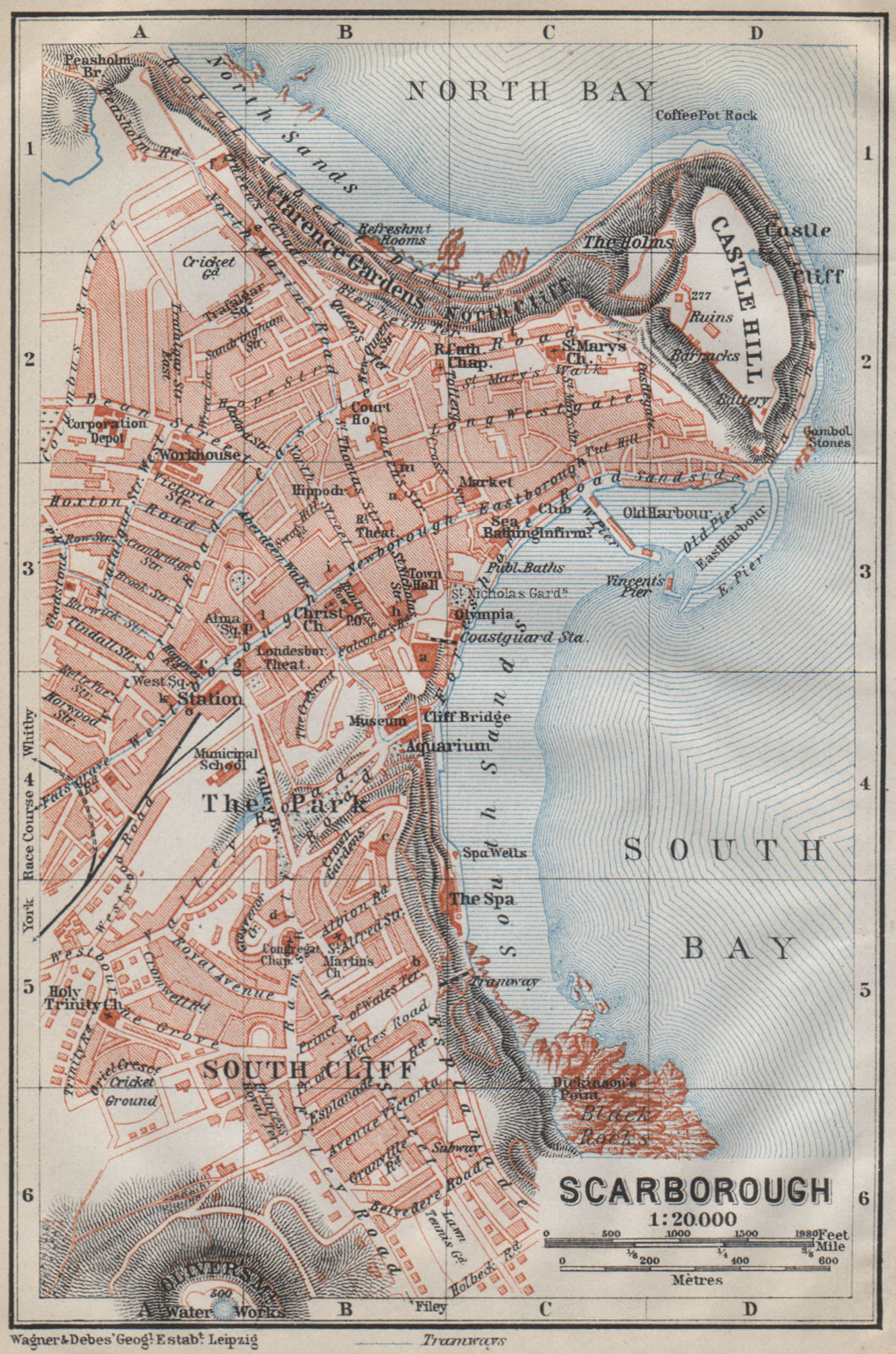 SCARBOROUGH antique town city plan. South Cliff. Yorkshire. BAEDEKER 1910 map